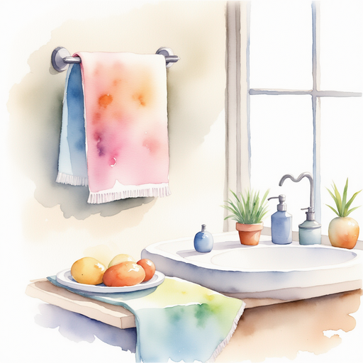 A colorful towel draped over the sink (no characters shown). In the background, small soap bars sit neatly in a dish