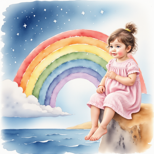 Sofia dreaming, a big, colorful rainbow in her dream.