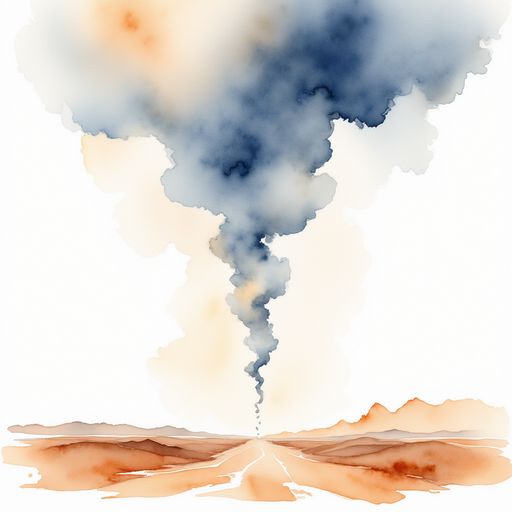 Show a tall funnel of twisting wind above the plains. In the background: dusty ground
