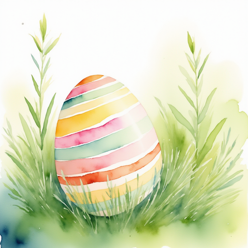 A close-up of the rainbow-striped egg resting among blades of grass. In the background soft green meadow