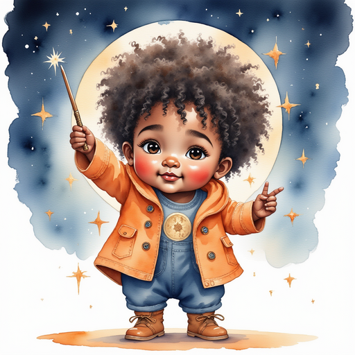 Zippy Zapata waving a thin wand with sparkles around him. In the background a narrow window with moonlight.