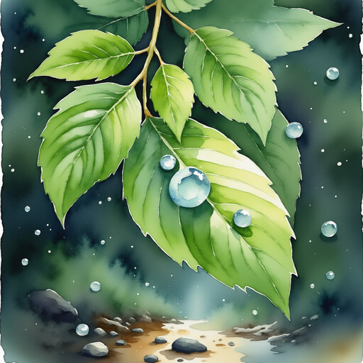 Raindrops sparkle on a leaf, showing tiny puddles of water beads. In the background, the forest floor is dotted with glossy pebbles