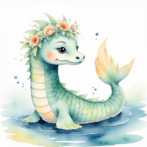 Nessie Sparkles pokes her shimmering head through the loch’s surface. In the background, gentle rainbow reflections.