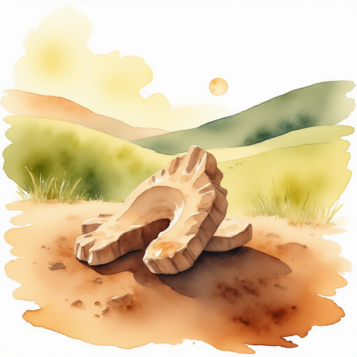A tiny hoof print is pressed into muddy earth. In the background, rolling hills glow with sunlight.