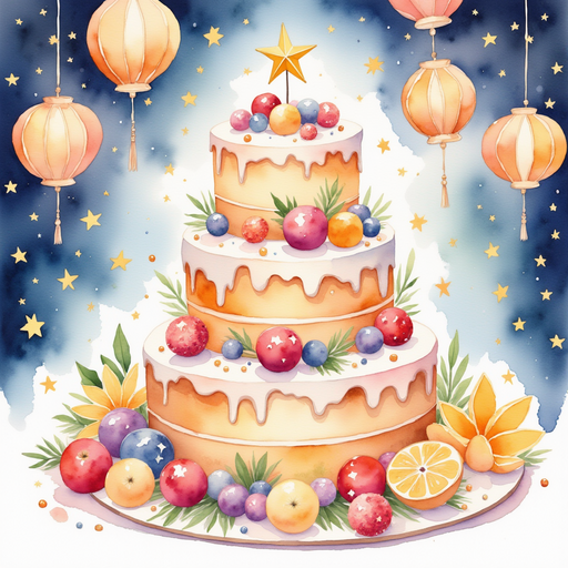 Focus on the towering Friendship Feast Cake, studded with tiny edible stars. In the background, a soft glow from festival lanterns.