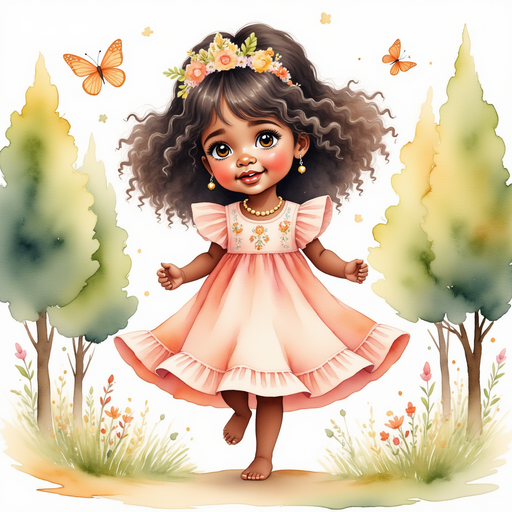 Princess Zoombella twirling gracefully near a patch of glowing flowers In the background, tall hedges filled with fluttering butterflies