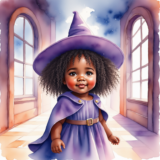 Willow Charms - who is black - stands in a glowing hallway, smiling at a floating painting. In the background, tall windows show a cloudy sky.