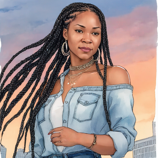 Renese angry disappointed long braids beaded wearing off the shoulder shirt and denim pants standing on street cityscape and skyscraper buildings
