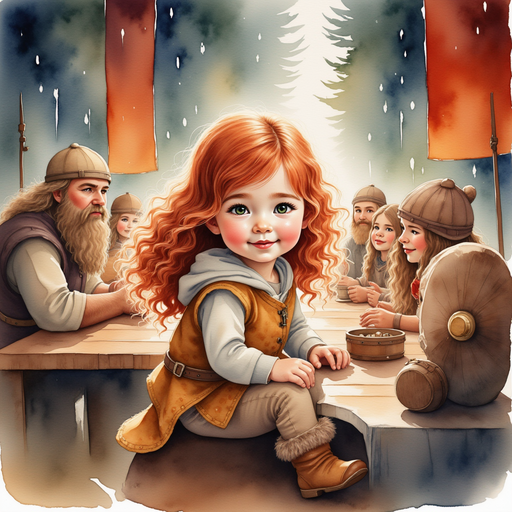 Bolda the Bright happily sitting with her Viking crew at a long wooden table In the background, tall banners sway in the flickering torchlight.