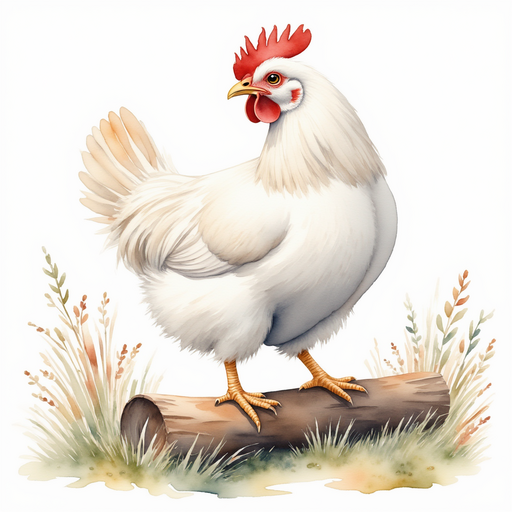 Cluckster stands on a fallen log, beak open wide as he sings In the background, frost-covered bushes glimmer in the pale sunlight