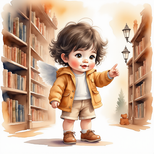 Angel points towards a bookshelf filled with dusty old tomes in the library. In the background, towering shelves and antique lamps.