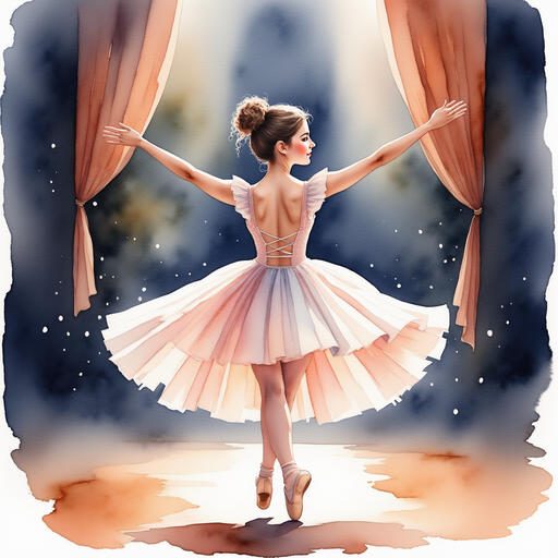 A faded photograph showing a beautiful ballerina mid-performance on a grand stage. In the background, gentle stage lights create a soft glow.