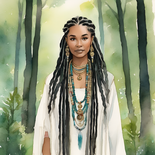 Sibylline as a young woman with long dark dreadlocks pinned into a tribal bun heavy make-up and tribal jewelry wearing a cosmic royal majestic robe standing proudly in a spirit-filled forest.