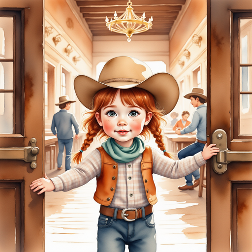 Calamity Kate cautiously pushing open the swinging saloon doors. In the background, a few patrons sit at wooden tables under a brass chandelier.