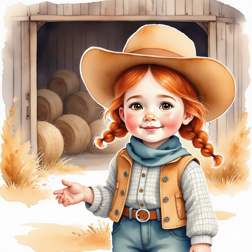 Blue standing next to Calamity Kate, who wears her cowboy hat and points toward the barn. In the background, the barn door stands open with hay bales inside