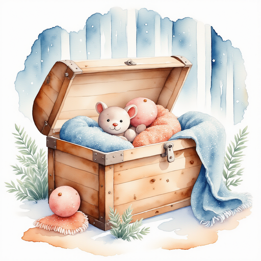 An open toy chest lined with sparkly cloth In the background: frosty windows