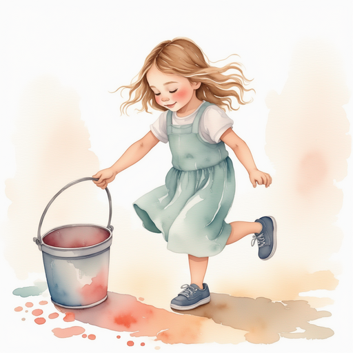 Vivian knocking over a bucket of paint.