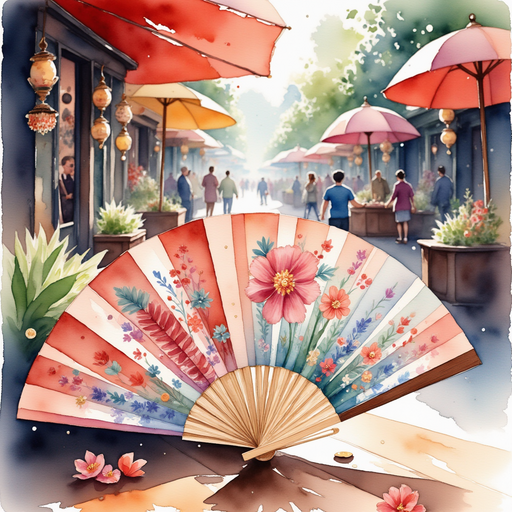 An ornate paper fan rests on a wooden table with bright designs painted on it. In the background, rows of colorful stalls filled with trinkets