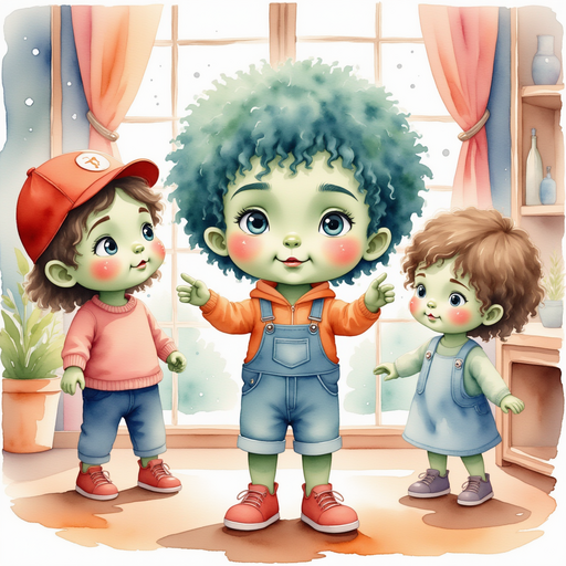 Zigzag Zander, looking worried, stands beside his family while they point to different parts of the room. In the background, a window reveals softly falling snow against the village skyline.