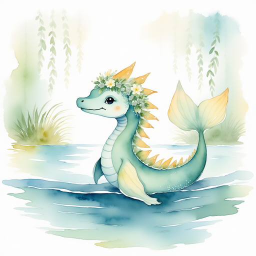 Nessie Sparkles swims near the shore, smiling at the calm water, her scales glinting like tiny rainbows. In the background, weeping willows drape their branches over the riverbank.
