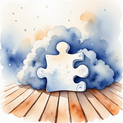 A cloud-shaped puzzle piece with swirling patterns sits on the wooden floor. In the background, more swirling smoke
