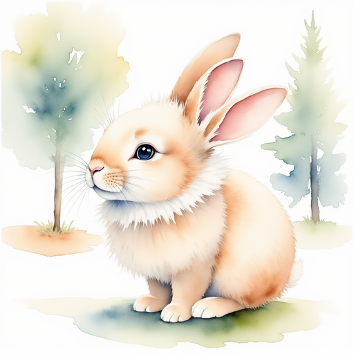 Rini the bunny, ears perked up, eagerly sniffing the air as she hears a distant noise and scent. In the background, a picturesque clearing with trees swaying gently in the breeze.