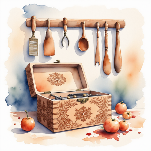 A pretty music box with delicate carvings In the background, wooden tools neatly hanging
