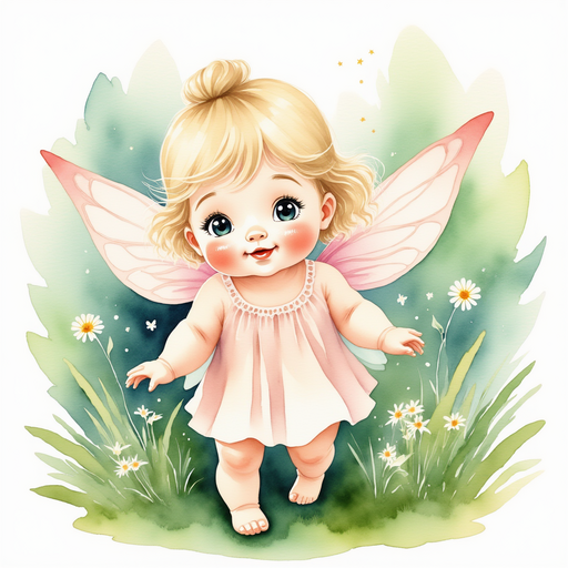 A small, delicate fairy emerging from the bushes, sparkling slightly in the sunlight. A verdant forest with dense undergrowth.