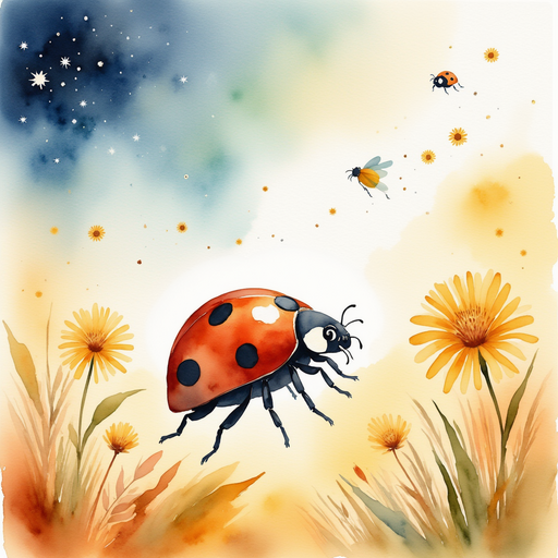 A ladybug leads the Petal Parade, marching across the scene. In the background, dandelions and fireflies moving merrily under golden light.