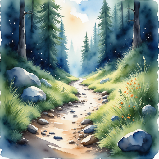 Illustrate a trail of sparkling stones leading into the depths of the forest. In the background, dense and shadowy trees create an air of mystery.