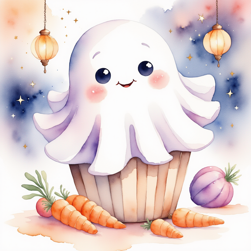 Glimmer Puff drifts over the basket, little sparkles dancing on the carrots. In the background, warm lanterns hang from a stall roof.