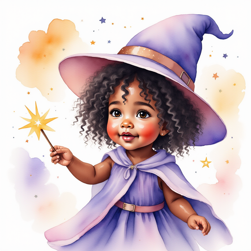 Willow Charms -who is black - is raising a glittery wand, watching sparkling streams of air. In the background, soft rays of sunshine peek through drifting clouds