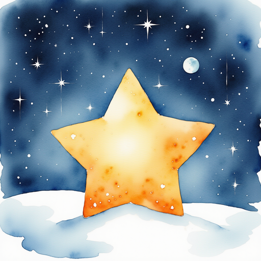 The big, glowing star resting on the snowy ground In the background, gentle snowdrifts