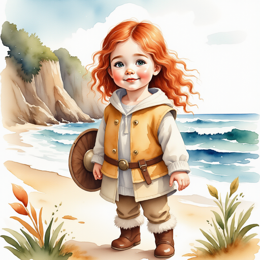 Bolda the Bright standing proudly near the shore, hair blowing in the wind. In the background, steep cliffs and endless ocean
