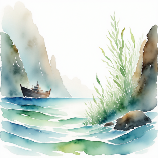A drift of gently glowing seaweed swirling beside the boat. In the background, faint outlines of steep cliffs