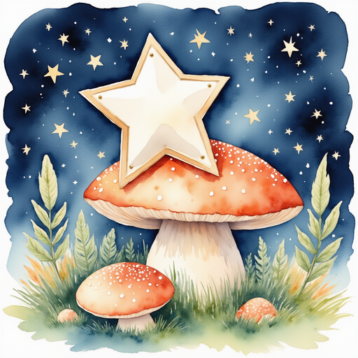 Show a star-shaped puzzle board resting on a plump mushroom. In the background, glittering fairy lights glow among the bushes.