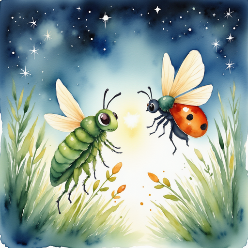 the firefly blinking his glow light, the ladybug is excited. The grasshopper looks on curiously!