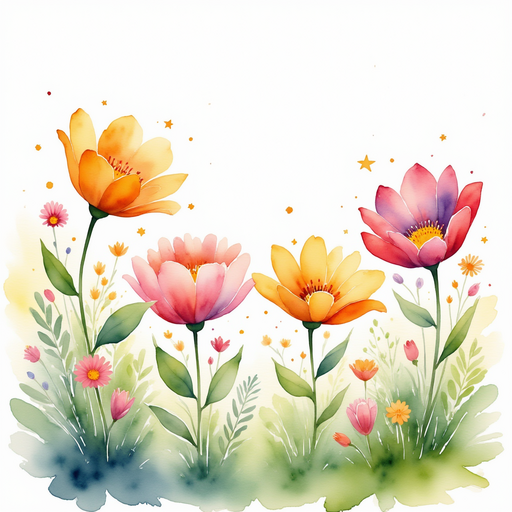A cluster of talking flowers with unique expressions are animatedly sharing their stories. In the background, lush greenery and vibrant blossoms fill the scene.