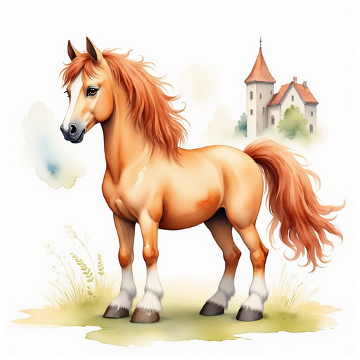 The magical horse, Harold, standing majestically with sparkling eyes, hinting at his ability to speak. In the background, a quaint medieval village hints at the departure of an exciting quest.