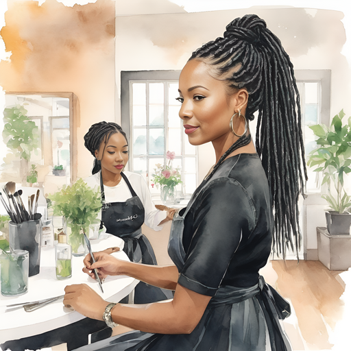 Y'londa long dreadlock updo ponytail wearing salon black apron braiding hair in beauty bustling salon.