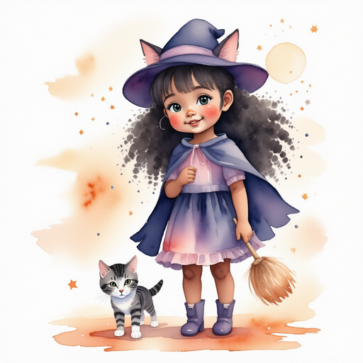 Luna - who is black - is holding a small broom, ready to sweep. In the background, a lonely gargoyle statue