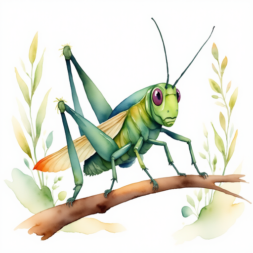 Buzzywhirl perched on a twig, looking calm. In the background, gently waving vines.