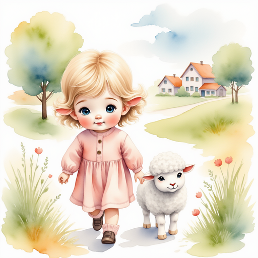 Mary walks on a path with her lamb following closely behind her. In the background, the path winds through a charming village.