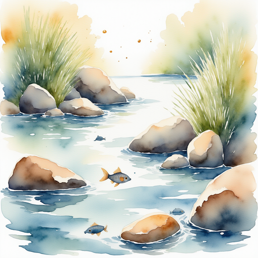 A cluster of smooth, round rocks in the gentle stream, with bright fish darting among them. In the background, water sparkles in sunshine.