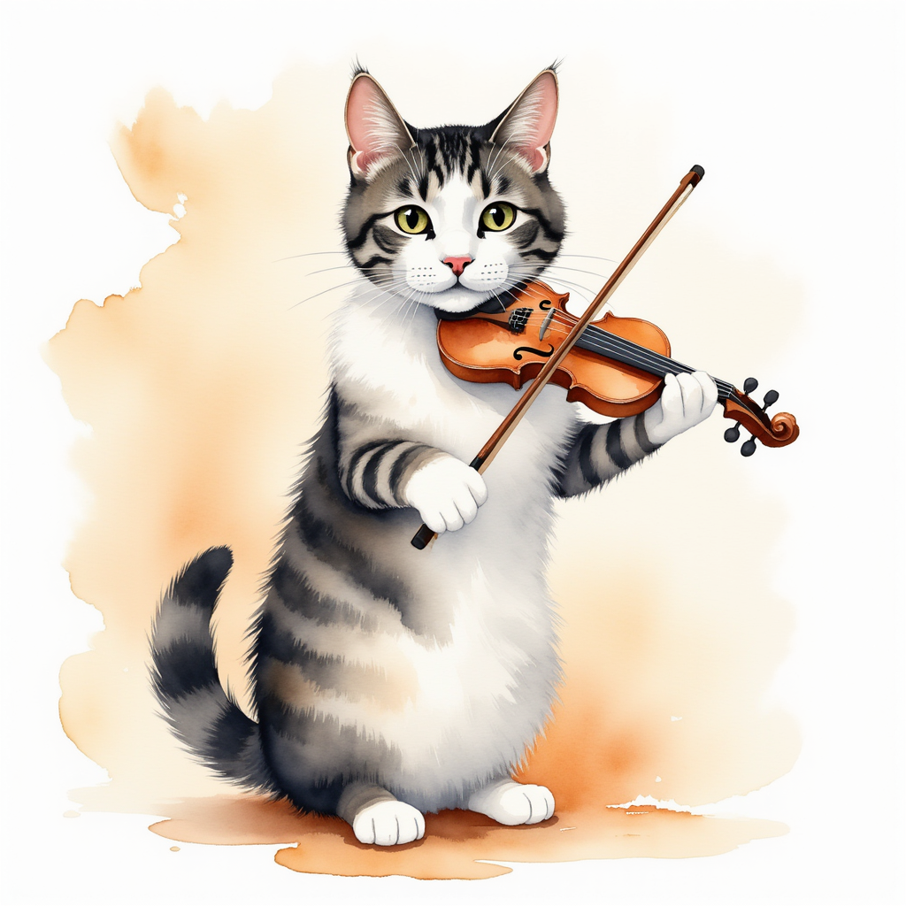 A calico cat playing a fiddle