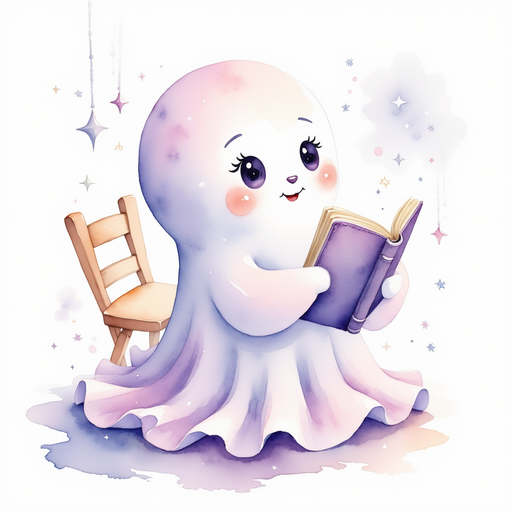 Glimmer Puff leans in to examine the shiny cover of the magical book. In the background, a single wooden chair near the table