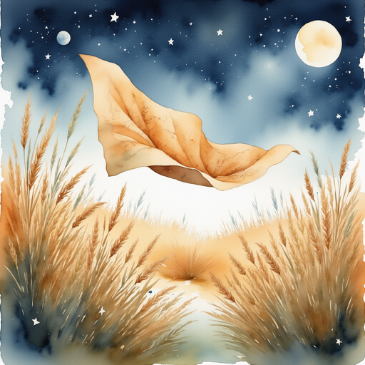 Present the old map fluttering away into the night wind, edges curling. In the background tall grasses swaying under a slightly clouded sky