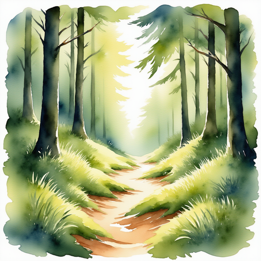 Show leaves that seem to move on their own, creating a swirl near the path. In the background, the forest floor is covered in soft moss under the tall trees.