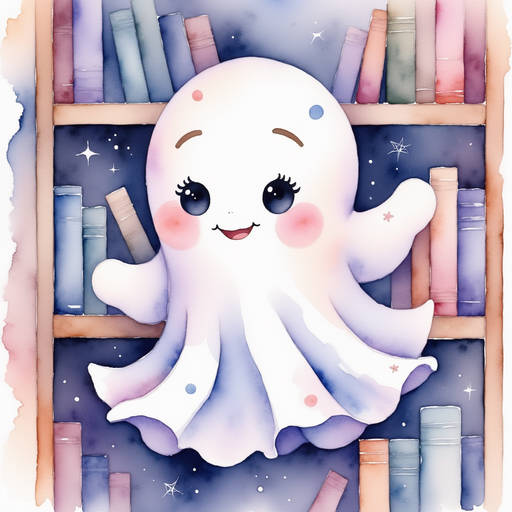 Glimmer Puff hovers near an old bookshelf, smiling brightly. In the background, a few cobwebs clinging to the corners of the shelf