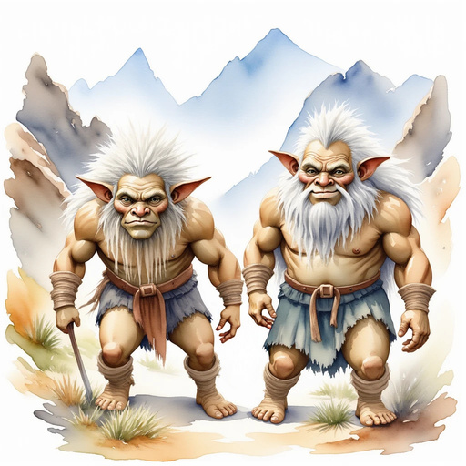 A group of trolls. In the background, rugged boulders and sparse mountain shrubs